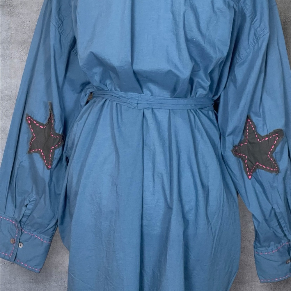 Natural Life Blue Button Front Shirt Dress Womens LXL Star Elbow Patches Cotton - Picture 5 of 12